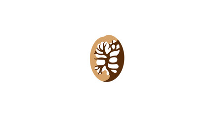 An oval with a tree-like design cut out. Beige, brown, and a darker brown used for the image