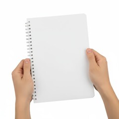 Obraz premium A person holding a blank spiral-bound notebook with white pages.