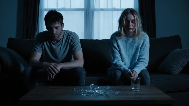 Depressed couple sitting on a sofa after a fight, looking exhausted and crying with broken glass on the table. Concept of domestic conflict, relationship breakdown, and heartbreak.