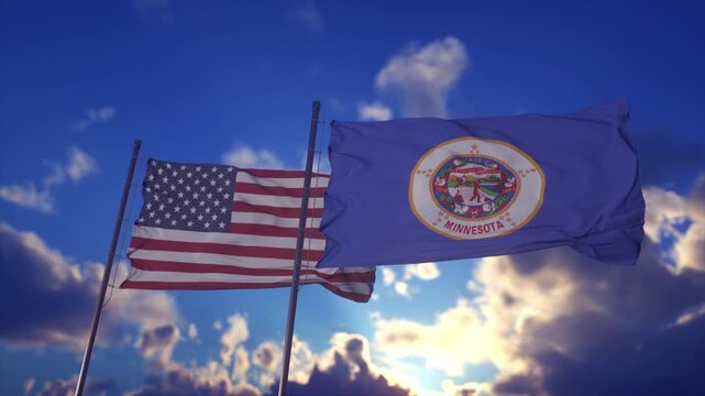 American and Minnesota State Flags Waving Against Dramatic Sky