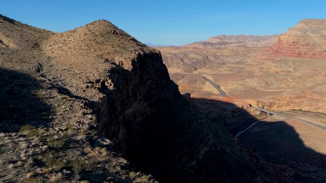 Aerial Virgin River Canyon Cliffs and Highway Arizona Fly Through