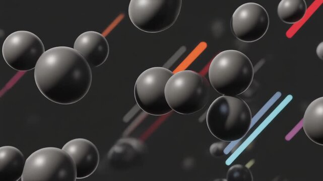 Abstract 3D motion graphics background featuring floating dark spheres and colorful glowing diagonal light trails