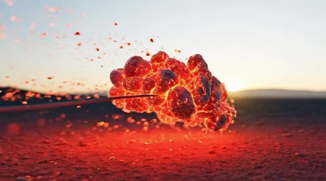 Abstract glowing elemental mass radiating heat and particles suspended over a desolate landscape at dusk