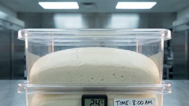 Rising bread dough in transparent container with digital thermometer and time label in commercial kitchen setting