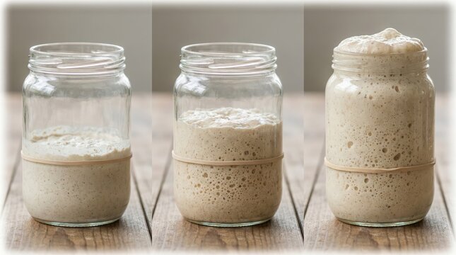 Three stages of sourdough starter fermentation: unfed, partially fed, fully active in clear glass jars on wooden surface