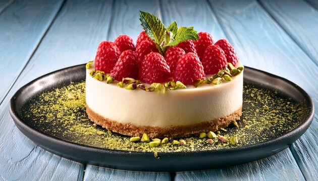 Kleiner Cheesecake Mit Frischer Himbeere Und Pistazien N Dessert In Nahaufnahme