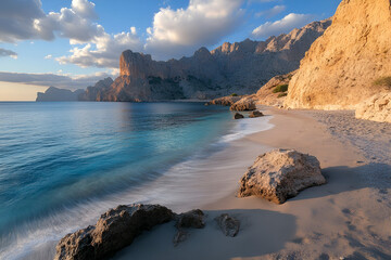 Rocky beach with blue ocean water and mountain cliffs