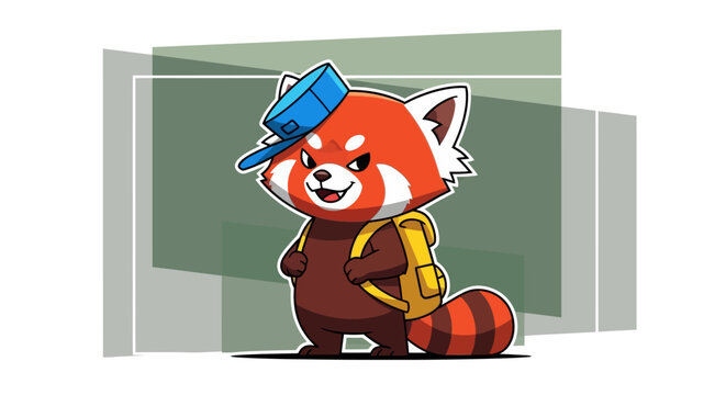 Cartoon Red Panda Illustration with Backpack.