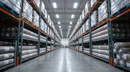 Expansive warehouse interior with high shelves stacked with rolled industrial materials in a neatly organized setting