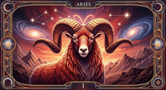 Aries zodiac sign ram with cosmic background and mountains.