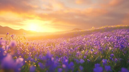 Obraz premium A serene field of purple flowers under a vibrant sunset sky with mountains in the distance