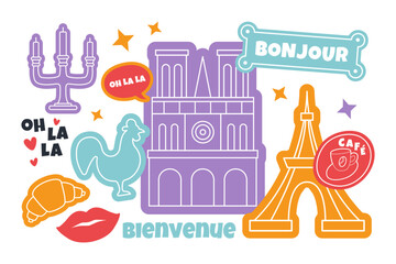 Paris Travel Stickers Set with Eiffel Tower Notre Dame Croissant Rooster Bonjour Ooh La La. French Icons Colorful Collage Illustration © oksanagrytsyuk