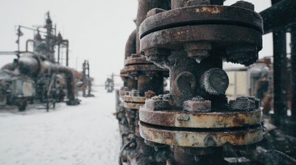 Fototapeta premium Rusty Industrial Valve Cluster in Snowy Abandoned Facility