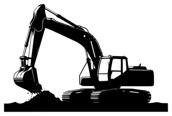A black and white silhouette of an excavator digging dirt, black, crane, dozer, equipment, excavator, illustration, job, land, load, profile, shovel, against transparent background © Alloca Design Studio