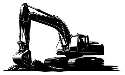 A black and white silhouette of an excavator on a , black, crane, dozer, equipment, excavator, floor, illustration, land, profile, against transparent background © Alloca Design Studio
