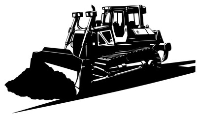 A black and white silhouette of a bulldozer on a , black, dozer, equipment, excavator, illustration, land, plow, profile, tractor, against transparent background © Alloca Design Studio