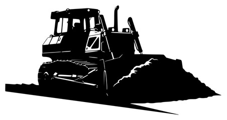 A black and white silhouette of a bulldozer on a pile of dirt, black, dozer, equipment, excavator, land, plow, profile, tractor, white, against transparent background © Alloca Design Studio