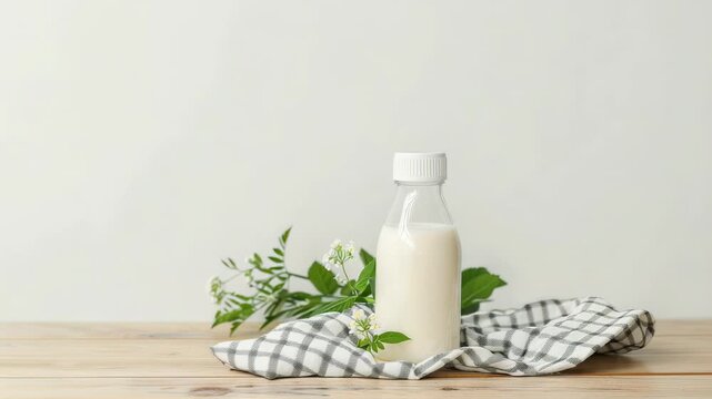 Fresh milk bottle on wooden table with white flowers