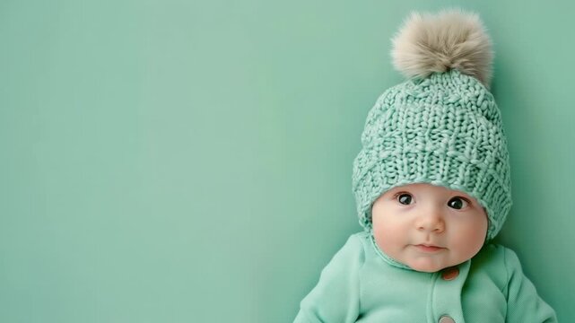 A baby with big eyes wearing a green knit hat with a pom-pom