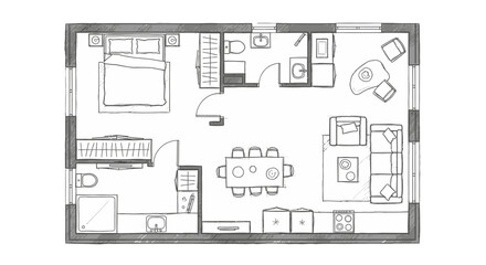 Detailed floor plan of a modern apartment with furniture layout.
