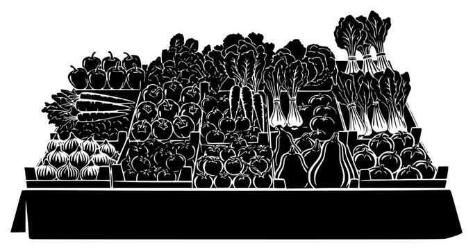 A black and white illustration of a display of fresh vegetables, black, box, crate, daikon, fill, food, fruit, illustration, market, produce, tray, vegetable, white, against transparent background