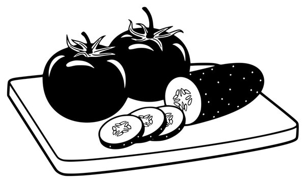 ite illustration of two tomatoes and slices on a cutting board, black, board, cut, cutting board, eggplant, illustration, platter, slice, tomato, tray, vegetable, white, against transparent background