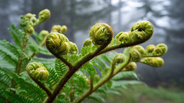 Close-up of Fern Fiddleheads in a Lush Green Setting