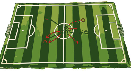 Soccer field diagram illustrating player positions and movements. © Khansa505