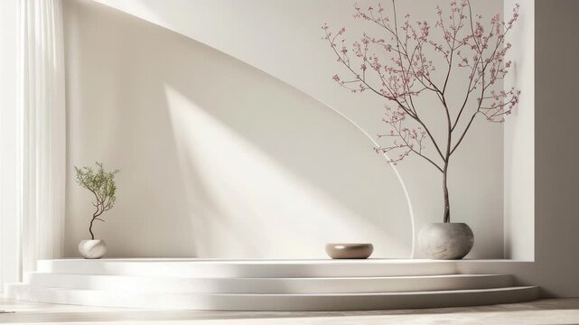 A peaceful corner with a cherry blossom tree and a small bonsai, capturing a tranquil atmosphere