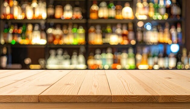 Empty wooden bar top with blurred colorful bottles and glasses on shelves behind