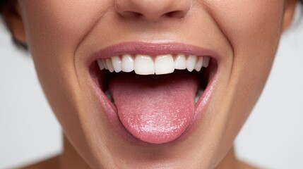 Fototapeta premium Woman opening mouth wide, showing healthy white teeth and a clean pink tongue, symbolizing oral hygiene, dental health, and a cheerful expression