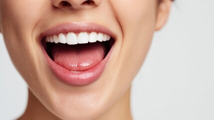Naklejka premium Woman opening mouth wide, displaying bright white teeth and a healthy tongue, symbolizing good oral health, happiness, a fresh feeling, and successful dentistry