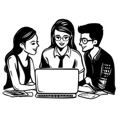 Fototapeta premium Collaborative Work on Monochrome Laptop Vector Illustration