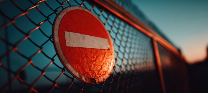 Close-Up of No-Entry Sign on Wire Fence with Tricolor Blur Background