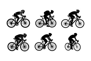 Six cyclists riding in different positions