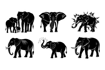 A group of black elephant silhouettes on a white background