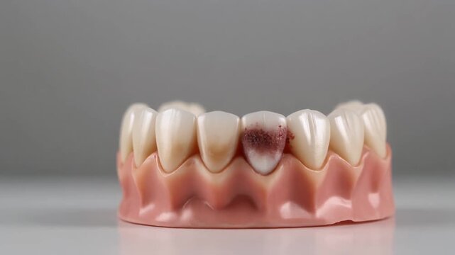 Dental model showing gum disease with decayed tooth on gray background