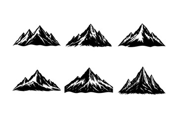Six black and white mountain illustrations on white background