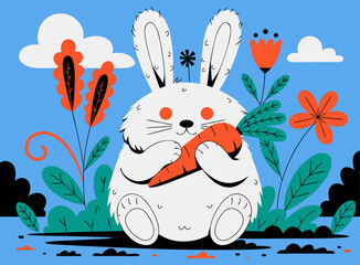 A white cartoon bunny happily holding a carrot