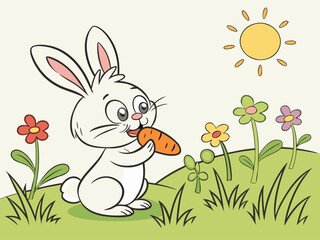A white rabbit eating a carrot in a sunny garden with flowers