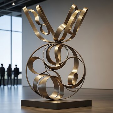 Escultura moderna abstrata em bronze em ambiente de galeria de arte contempor&acirc;nea
