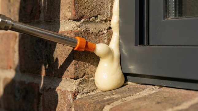 Application of expanding foam sealant on masonry wall and window frame for insulation and weatherproofing