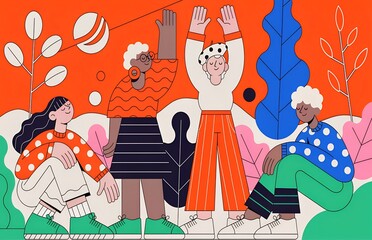 Four cheerful people practicing yoga together in a colorful, abstract setting