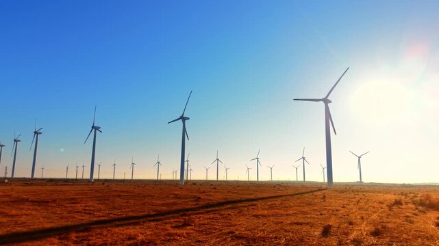 Wide shot of multiple wind generators located in an arid landscape under a clear blue sky with bright evening sunlight and long shadows. Wind turbines farm in a dry field at sunset.