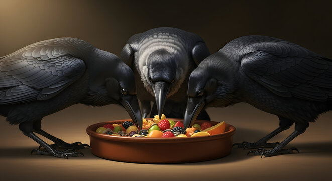 Three crows eating from a bowl animals wildlife scene