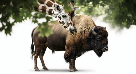 Wildlife portrait bison and giraffe in natural habitat animals in harmony