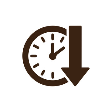 Time decrease solid icon. Includes clock face with hour and minute hands and a downward-pointing arrow. Created in solid style with dark brown color.