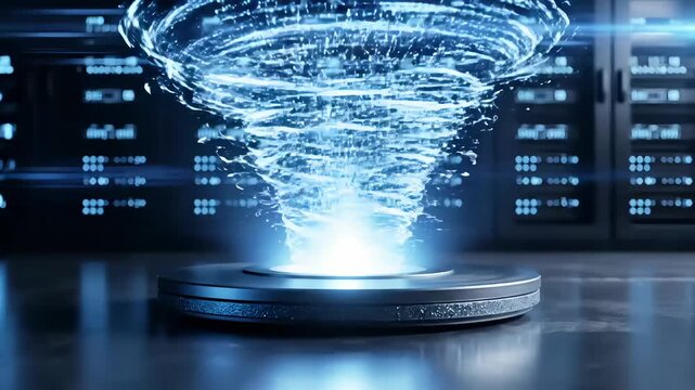 Futuristic digital vortex on a metallic surface in a high-tech data center