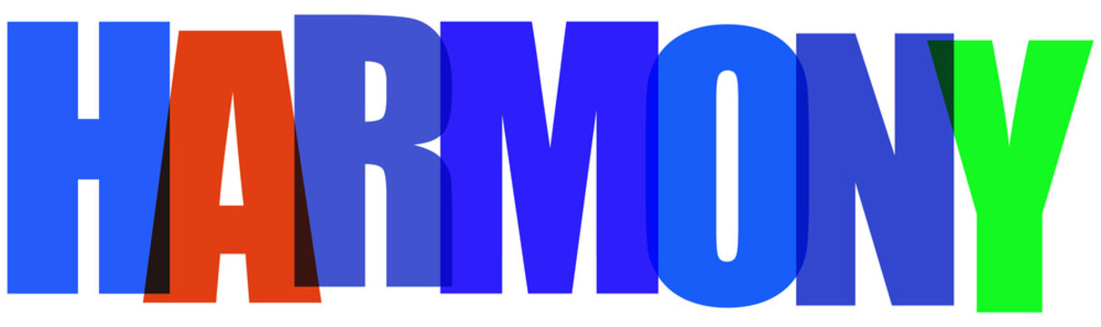 Colorful harmony text graphic with multicolored letters on transparent background