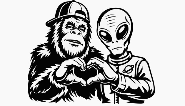 Alien and Gorilla Forming Heart &ndash; Friendship Illustration